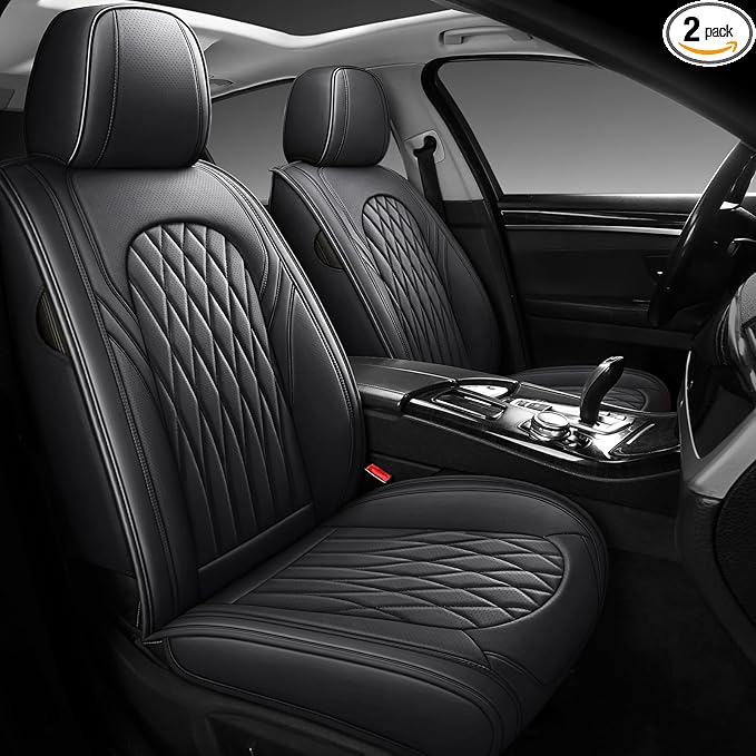WELLDO Car Seat Covers Front Seats, Leather Seat Covers for Cars, Front Car Seat Protector Waterproof, Non-Slip Car Interior Covers Universal Automotive Seat Covers for Most Vehicle, Black