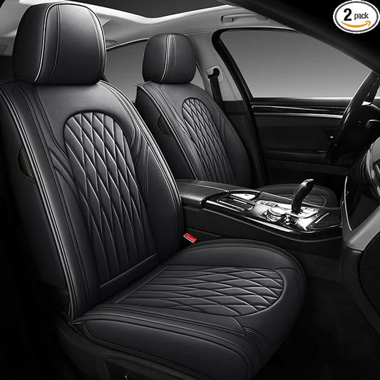 WELLDO Car Seat Covers Front Seats, Leather Seat Covers for Cars, Front Car Seat Protector Waterproof, Non-Slip Car Interior Covers Universal Automotive Seat Covers for Most Vehicle, Black