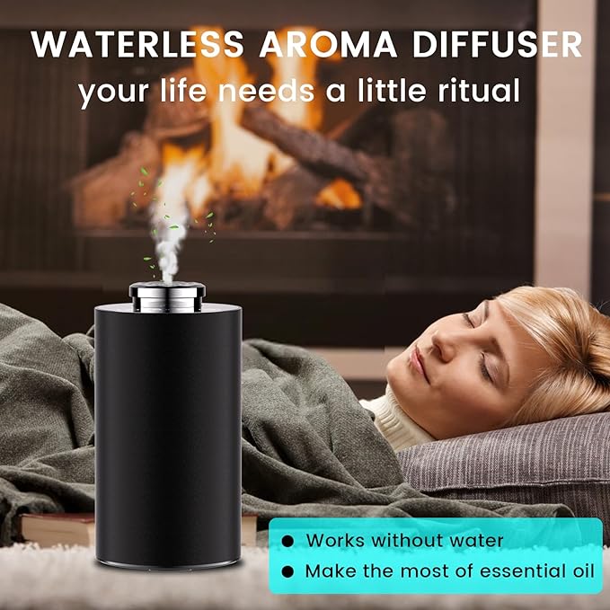 Diffuserlove Waterless Essential Oil Diffusers Car Aromatherapy Diffuser Rechargeable Travel Cordless Air Diffuser for Home Room Office Portable Scent Machine Metel Black