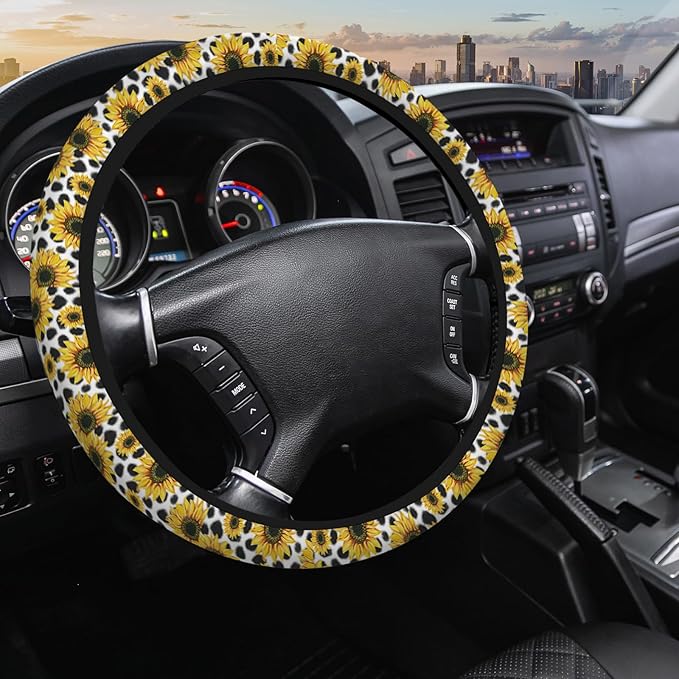 Sunflower Cow Skin Steering Wheel Cover, Universal 15 Inch, Yellow, Neoprene, Truck, Van, Car