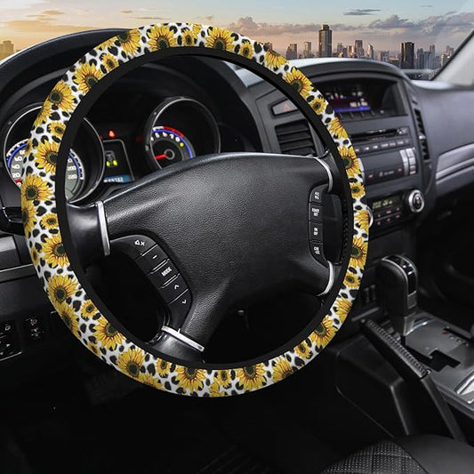 Sunflower Cow Skin Steering Wheel Cover, Universal 15 Inch, Yellow, Neoprene, Truck, Van, Car