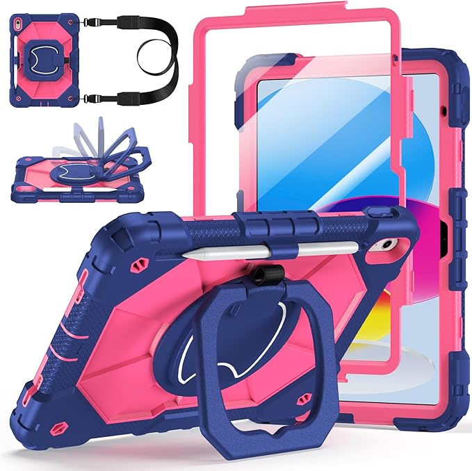 Case for iPad A16 11th/10th Generation 11 inch/10.9 inch 2025/2022, Ubearkk for iPad a16 case with Screen Protector, 360 Degree Rotating Stand Shoulder Strap Pencil Holder, Navy Pink