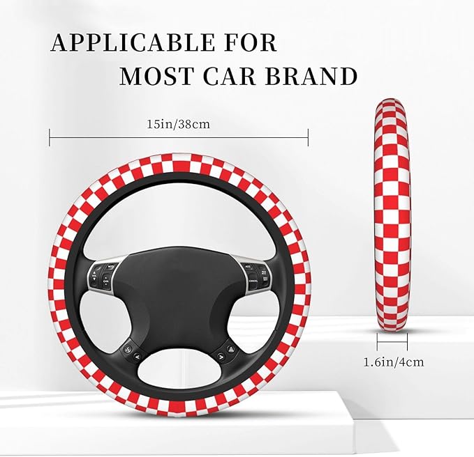 Red and White Checkered Steering Wheel Cover for Women, Universal Auto Steering Wheel 14-15 Inch Car Interior Accessories with 2PCS Car Coasters, Suitable for Men and Women