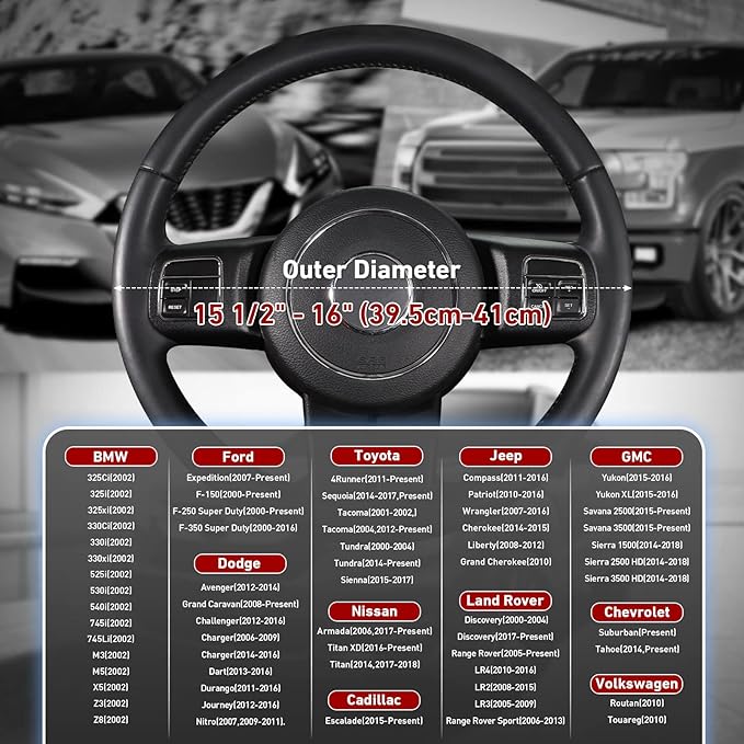 SEG Direct Car Steering Wheel Cover Large-Size for F150 F250 F350 Ram 4Runner Tacoma Tundra Range Rover with 15 1/2"-16" Outer Diameter Leather with Carbon Fiber Pattern Black and Red