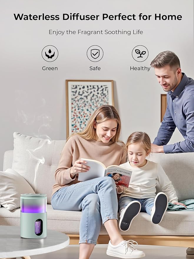 Waterless Diffuser for Essential Oil: Mini Battery Scent Diffuser for Room&Home&Car with 9 Colors LED Light - Aroma Cool Mist Light Cyan