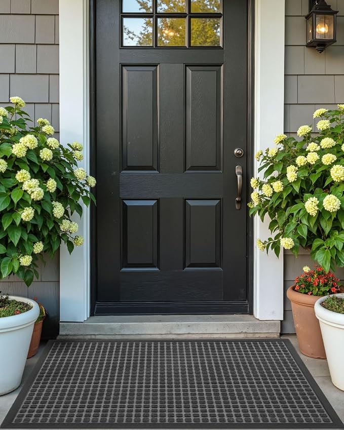 DEXI Front Door Mat Outside Entrance, Rubber Entry Doormat Heavy Duty, Welcome Mats Non Slip for Inside House Floor Entryway Back Doors Exterior Patio, 17x29 Squares Grey