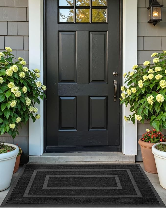 DEXI Front Door Mat Outside Entrance, Heavy Duty Rubber Backed Doormat, Stain and Fade Resistant, Low-Profile Easy Clean Entryway Floor Mats, 17x29, Rectangles Black