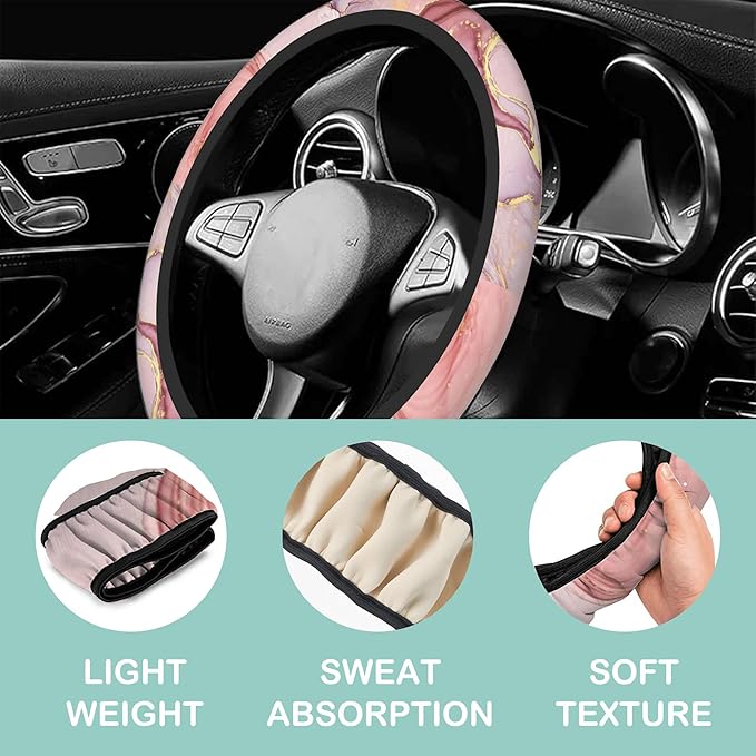 Pink Golden Liquid Marble Steering Wheel Cover for Women Men,Anti-Slip Breathable Car Steering Wheel Cover Elastic Protection with 2 Pieces Car Coasters,Universal 15" Fit Auto,Suvs,Truck