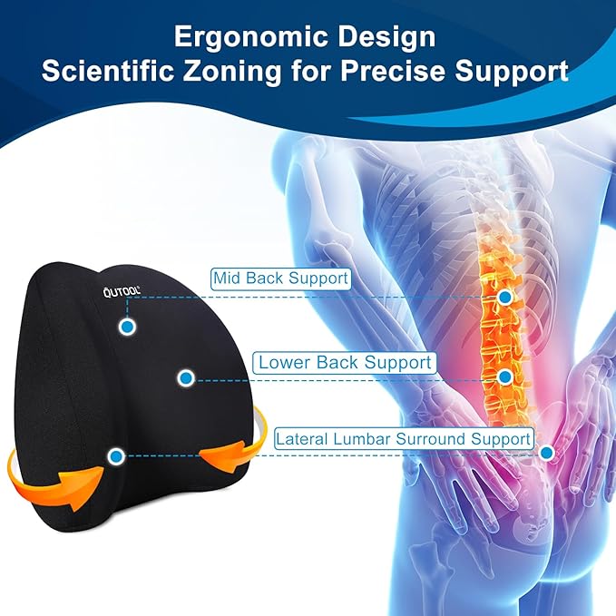QUTOOL Lumbar Support Pillow for Office Chair, Memory Foam Low Back Support,Back Pain Relief, Ergonomic Back Cushion for Desk Chair,Gaming Chair,Adjustable Strap and Washable Cover