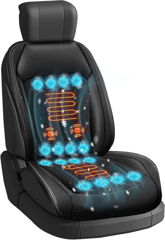 3-in-1 Cooling Car Seat Cover with Massager & Temp Control, Ventilated Seat Cover with 16 Fans, 12V Front Driver Seat Cooler, Summer Cooling Seat Cushion for Car SUV Truck (Black)