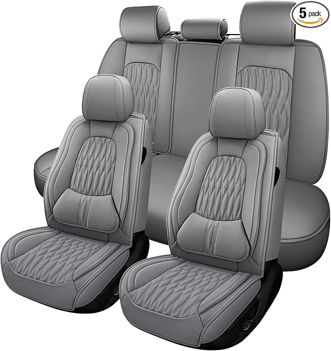 WELLDO Car Seat Covers Full Set, Premium Nappa Leather Seat Covers for Car, Waterproof Car Seat Protector with Lumbar Support, Automotive Seat Covers Universal Fit for Most Cars SUV Truck,Gray,w02.