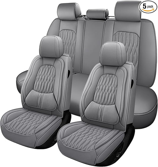 WELLDO Car Seat Covers Full Set, Premium Nappa Leather Seat Covers for Car, Waterproof Car Seat Protector with Lumbar Support, Automotive Seat Covers Universal Fit for Most Cars SUV Truck,Gray,w02.