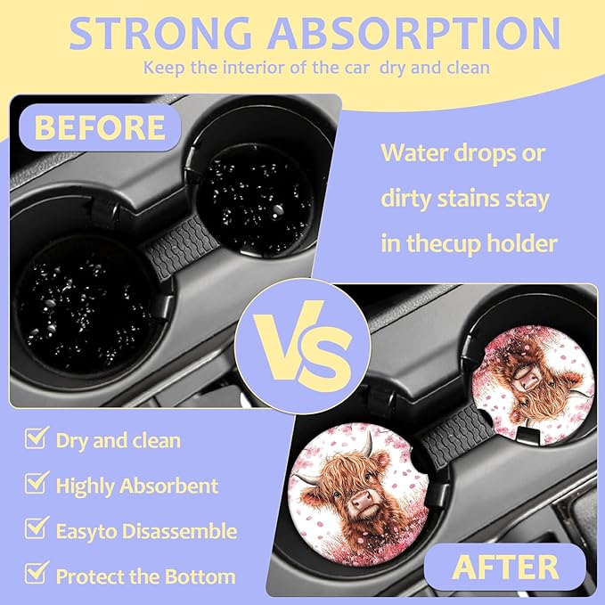 2 Pack Car Cup Holder Coaster-Highland Cow Absorbent Ceramic Coaster,Cherry Blossom Car Coasters for Cup Holders,Auto Accessories for Women & Men