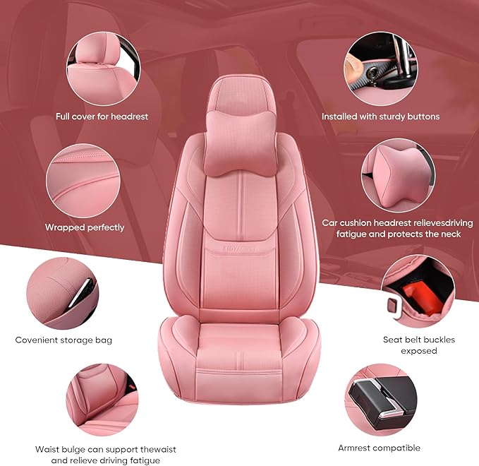 Auto Car Seat Covers Accessories Front Seat Leather Cushion Protector Breathable Waterproof Seat Cover for Cars Universal Fit (Pink, Front Pair)