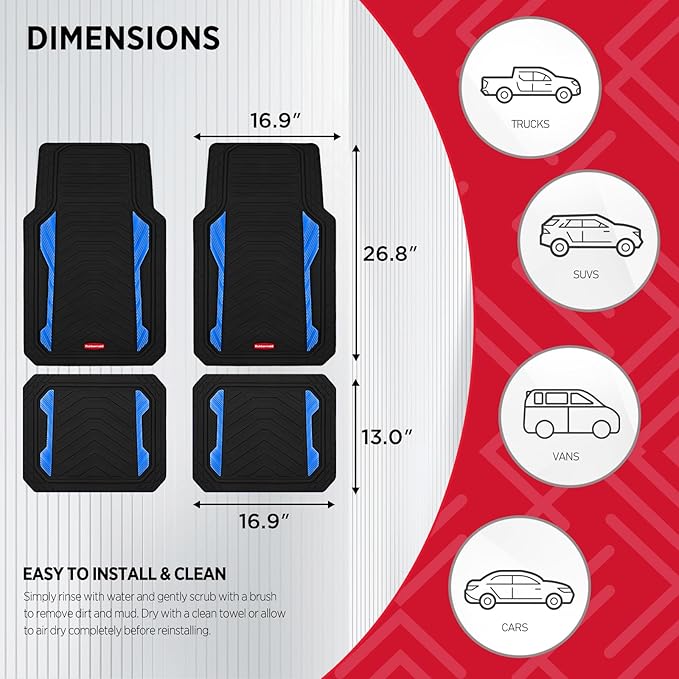 Rubbermaid Car Floor Mat, Heavy Duty All-Weather Car Mats Full Set with Dual-Tone Blue Aluminum Inserts – Universal Fit, Anti-Slip Backing, Trim-to-Fit for Most SUV, Sedan, Van