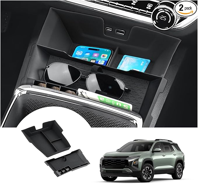 Autorder 2PCS Center Console Organizer for Chevy Chevrolet Equinox 2025-2026 Accessories Center Console Insert Tray Secondary Storage Box with Anti-Slip Mat(Not for Equinox EV)