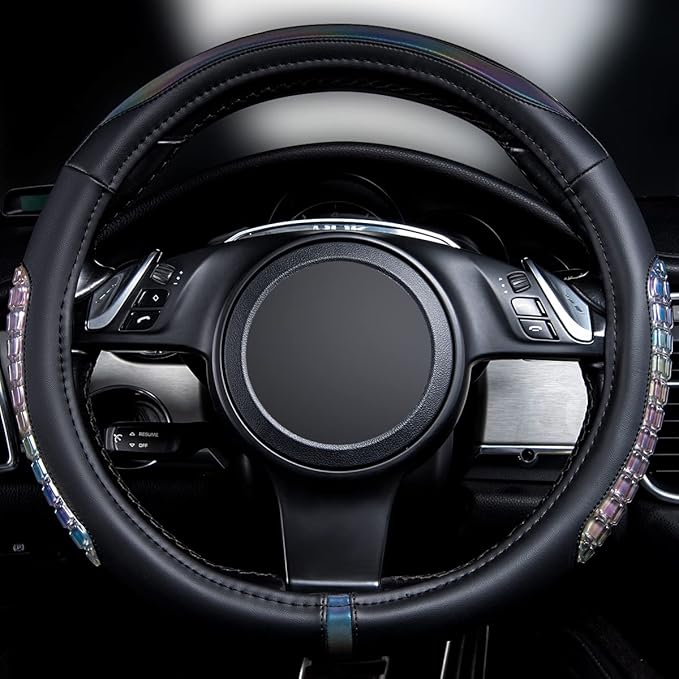 Flying Banner car Steering Wheel Cover Gel Massage Velvet Cool Warm Universal Size 15 inches SUV Truck Anti Slip Odorless Summer Winter (Black Muti-Volor Faux Leather, Gel Massage)