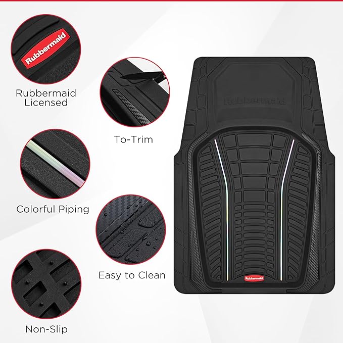Rubbermaid Car Floor Mats Full Set – Premium All-Weather Car Mat with Brushed Aluminum Inserts, Universal Trim-to-Fit Design, Anti-Slip Backing for Cars, SUVs, Trucks, and Vans