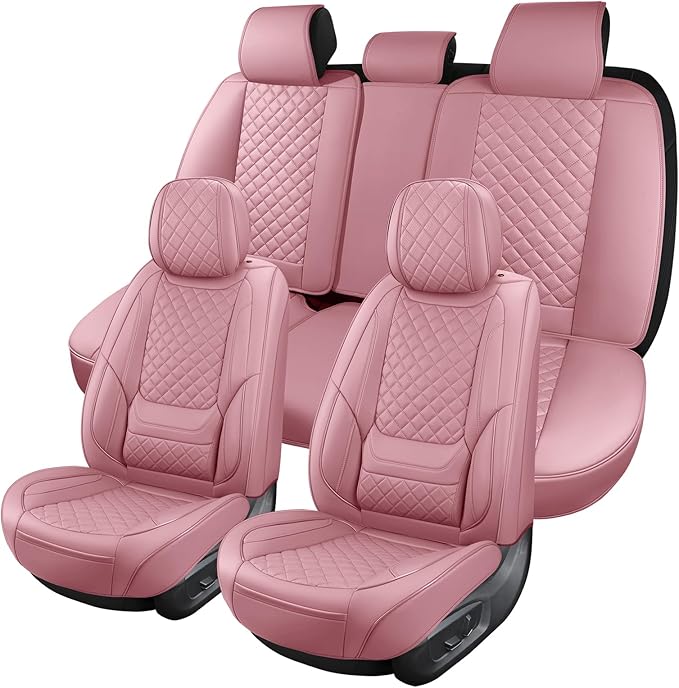 Leather Car Seat Covers Full Set Breathable Automotive Seat Covers Waterproof Seat Protectors Universal Fit for Most Automotive Cars SUV Trucks Van (Pink, Full Set)