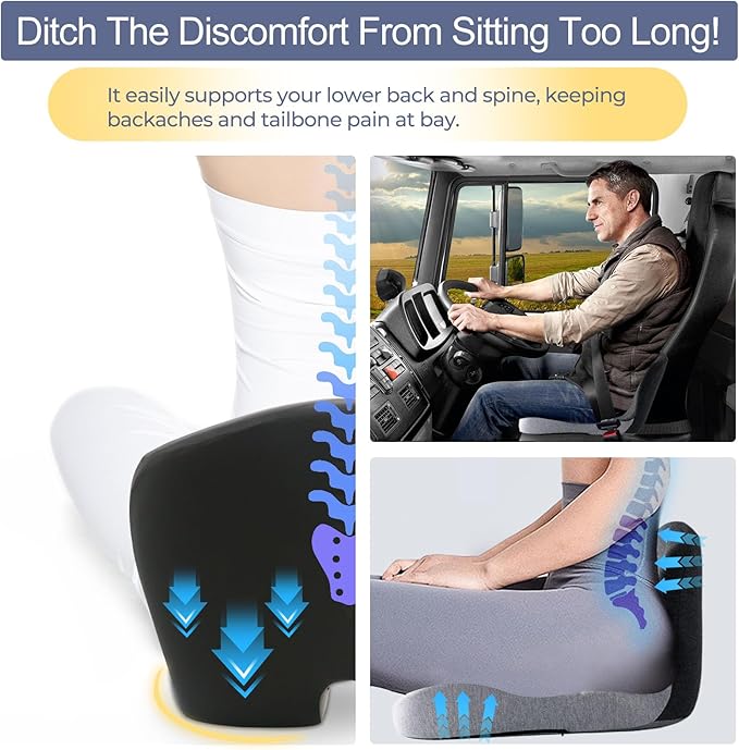 Seat Cushion for Truck Driver, Memory Foam Truck Seat Cushion with Adjustable Strap – Ergonomic Back Support & Sciatica Relief for Long Drives, Semi Truck Accessories