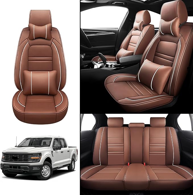 Seat Cover for Ford f150 2003-2025 | 5-Seats Seat Covers, Waterproof Seat Protectors, Automotive Seat Covers (Full Set with Pillow,Coffee)
