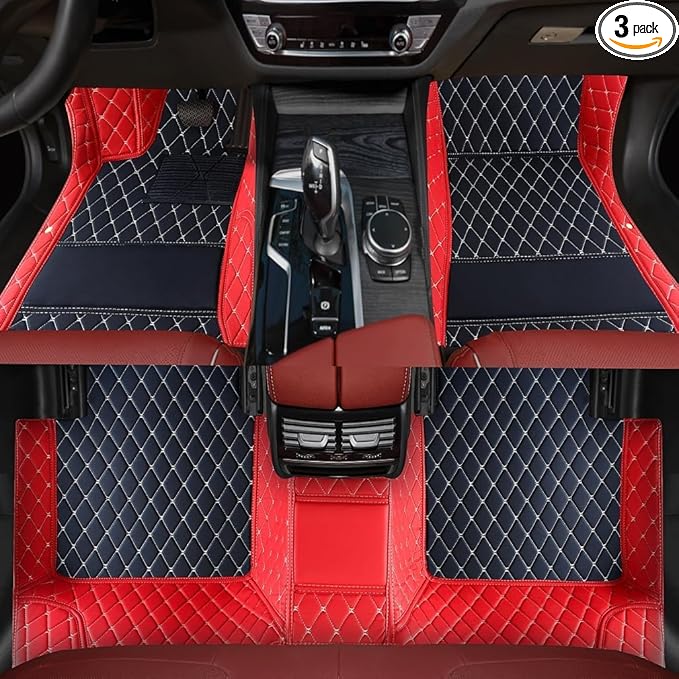 YaruicarCustom Car Floor Mats for 99.99% Sedan SUV Sports Car Men Women Protection Full Coverage Pads Anti-Slip Leather Floor Lining All Weather Car Floor Mats (Black Red -3)