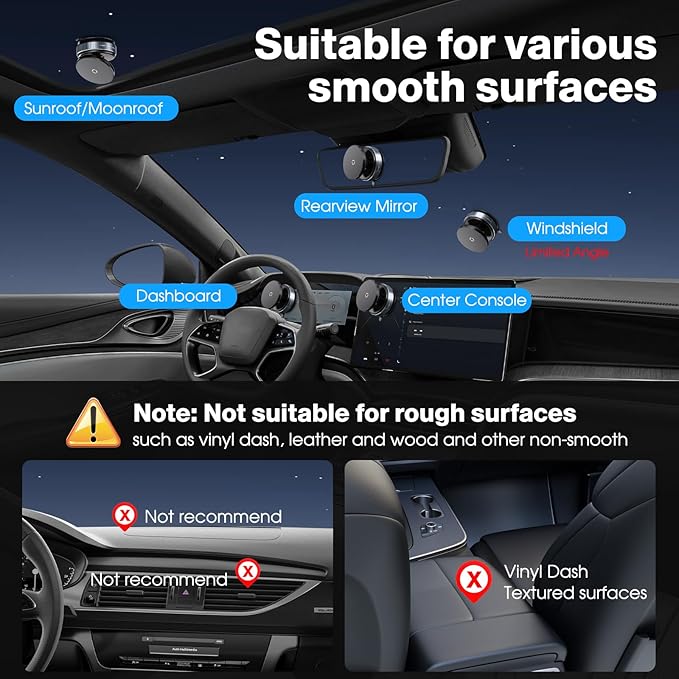 360° Rotatable Vacuum Magnetic Phone Holder, Adjustable Hands-Free Suction Cup Car Phone Mount for Car/Gym/Mirror/Smooth Surface, Compatible with iPhone Android and All Smartphones