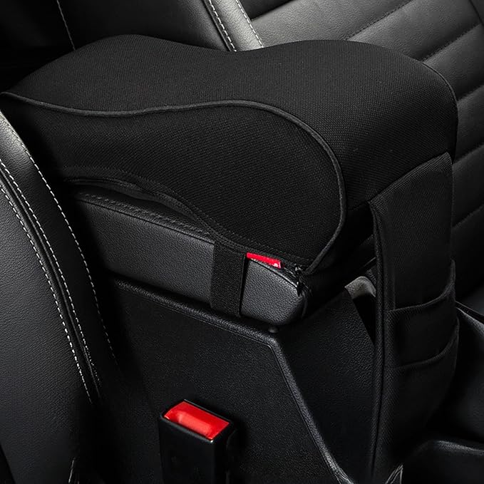 Auto Center Console Armrest Pillow Pad, Car Armrest Cushion Soft Memory Foam with Phone Holder Storage, Pockets Bag Seat Cushion Universal Fit for Most Car (Black)