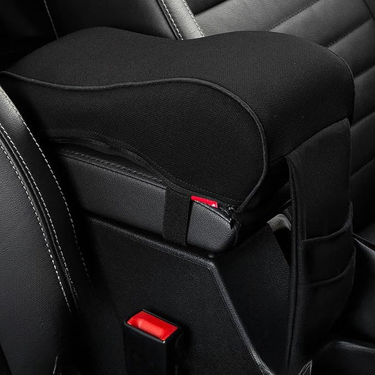 Auto Center Console Armrest Pillow Pad, Car Armrest Cushion Soft Memory Foam with Phone Holder Storage, Pockets Bag Seat Cushion Universal Fit for Most Car (Black)