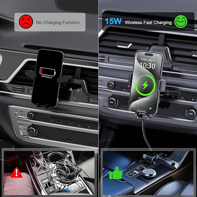 Wireless Car Charger, MOKPR 15W Fast Charging Auto Clamping CD Slot Air Vent Car Phone Holder with LED Light Car Charger for iPhone 16/15/14/13/12 Pro Max Plus, Samsung S23/S22/S21,etc
