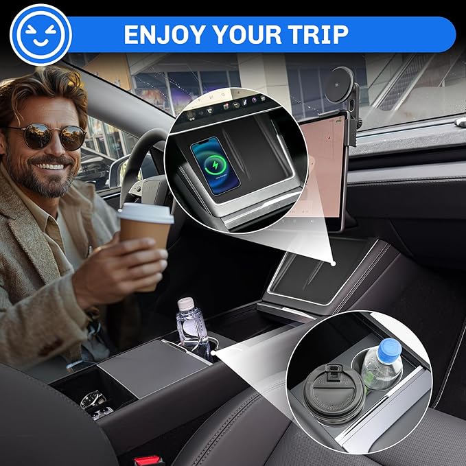 SXCY 2PCS for 2025 Tesla Model Y Accessories [Cup Holder Insert + Wireless Charging Protective Mat] Silicone Cup Holder Limiter for 2025 Model Y Drink Holder Adapter Non-Slip Drink Stopper Stabilizer