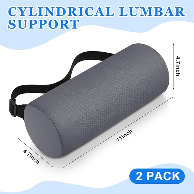 Wenqik 2 Pcs Lumbar Support Pillow Lumbar Roll Lower Pillow Office Seat Cushion with Adjustable Strap and Washable Cover for Travel Gaming Chair Car Seat Pain Relief(Grey)