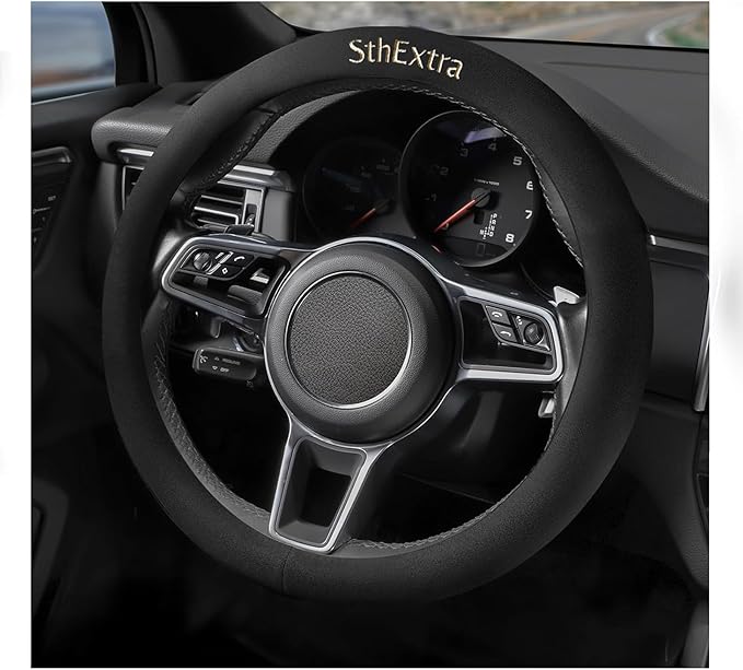 Suede Steering Wheel Cover with Upgraded Silicone Inner Ring, Anti Heat, Breathable, Anti-Slip, Leather Universal 14.5 to 15 inch Steering Wheel Cover (Black with Embroidery Mark)