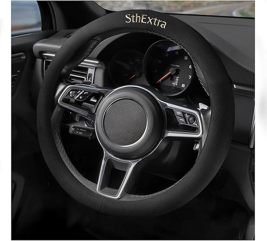 Suede Steering Wheel Cover with Upgraded Silicone Inner Ring, Anti Heat, Breathable, Anti-Slip, Leather Universal 14.5 to 15 inch Steering Wheel Cover (Black with Embroidery Mark)