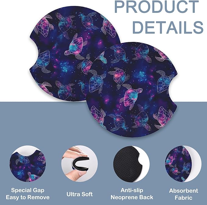 Purple Cosmic Galaxy Sea Turtle Car Steering Wheel Cover for Women Men with 2 Pcs Car Coasters,Universal 15 Inch Steering Wheel Covers Anti-Slip and Practical Auto Accessories Fit Auto,Suvs