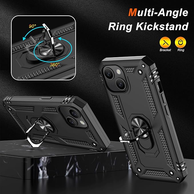 IKAZZ for iPhone 13 Case 6.1 Inch with Screen Protector,Military Grade Shockproof Heavy Duty Protective Phone Cover Pass 16ft Drop Test with Magnetic Kickstand Car Mount Holder,Black