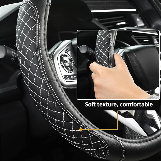 West Llama Microfiber Leather Car Steering Wheel Cover Universal Fit 15-15.5 inch SUV,Sedan,Car,Trucks(Black+Gray Line-M-Large Size)