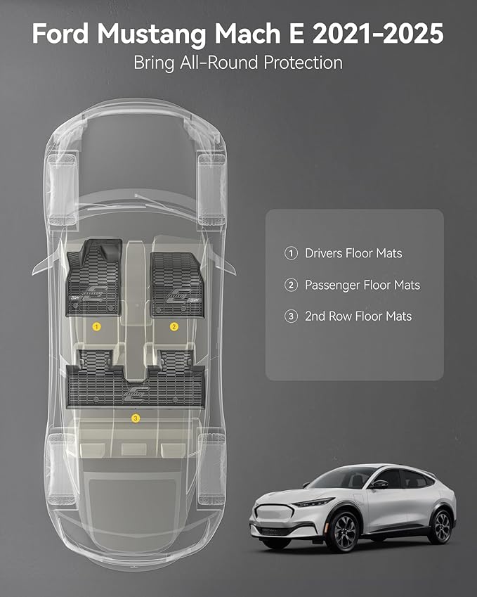 3W Ford Mustang Mach E Floor Mats Fit for 2021 2022 2023 2024 2025 TPE All Weather Car Accessories Custom Fit Floor Liner 1st and 2nd Row Full Set Car Mats, Black