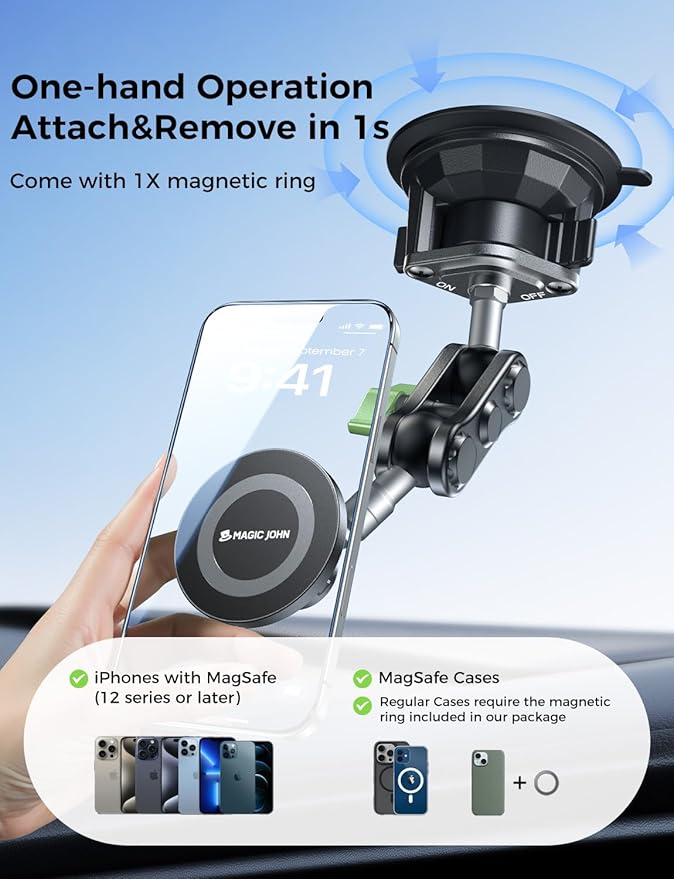 MAGIC JOHN Magnetic Car Phone Holder [Strong Suction&Strong Magnetic] 360° Adjustable Car Phone Mount for Windshield, Ultra-Durable Metal, Suction Cup Car Phone Mount for iPhone Samsung All Smartphone