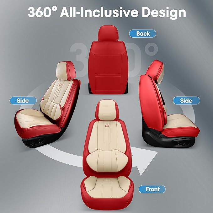 AOOG Car Seat Covers Full Set, Leather Seat Covers for Car, Waterproof Car Seat Protector with Lumbar Support, Automotive Seat Covers Universal Fit for Most Cars SUV Trucks (Full Set, Red)