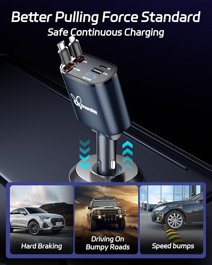 DreamBee Retractable Car Charger,66W 4 in 1 Super Fast Charge Car Phone Charger,Gifts for Men Women Car Truck Accessories for iPhone 17/16/15/14/13/12 Pro Max XR,iPad,Samsung,Pixel-Blue