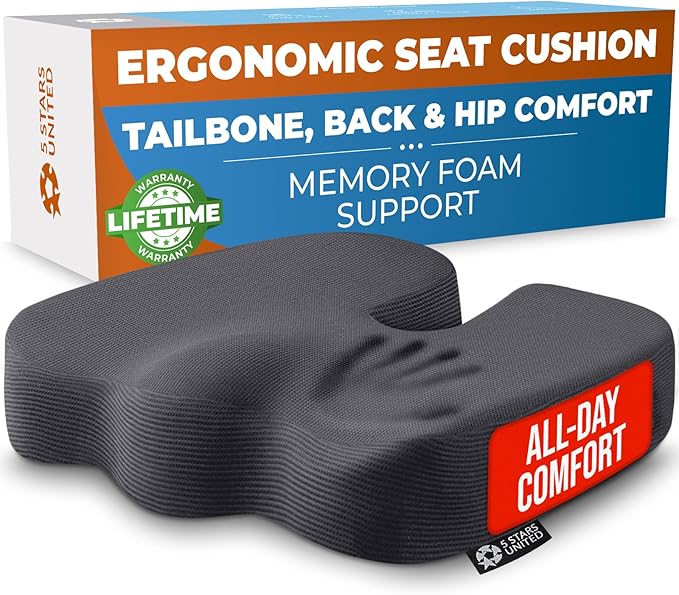 5 STARS UNITED Seat Cushion for Tailbone Pain Relief – Memory Foam Cushion for Coccyx, Hip, Hemorrhoid, Sciatica & Post-Surgery Recovery – Wheelchair, Car, Desk, Gaming & Office Chairs, D Gray