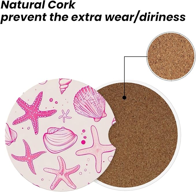Absorbent Car Coasters for Cup Holders, 2 Pack Universal Anti Slip Ceramic Cup Coaster for Women Men 2.56 Inch Car Interior Accessories - Pink Sea Shell 014