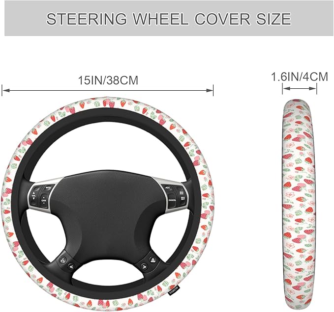 Pink Strawberry 15 Inch Steering Wheel Covers Green Leaves Flower Fruit 15 Inch Steering Wheel Covers Car Accessories Elastic Stretch Steering Wheel Cover for Truck Auto Suvs
