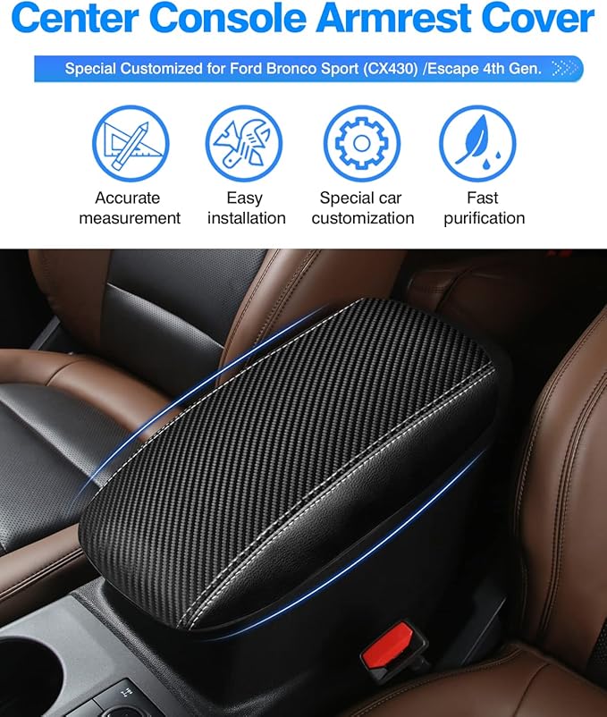 Autorder Center Console Cover for Ford Bronco Sport 2021-2024 2025/Escape 2020-2024 2025 Accessories Carbon Fiber Armrest Cover Anti-Scratch Middle Console Pad Leather Armrest Protector