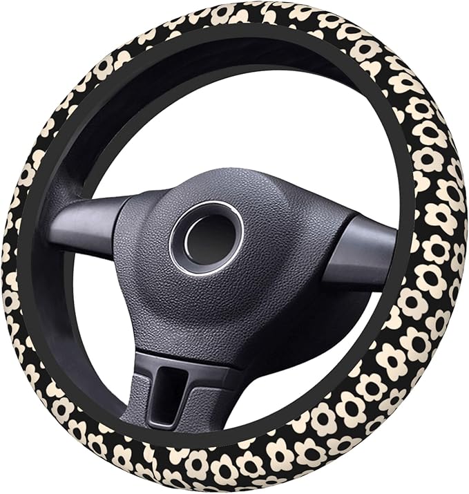 White Flower Cute Steering Wheel Cover for Women, Universal 15 inch Breathable Anti Slip Steering Wheel Covers for Cars, Auto, SUVs