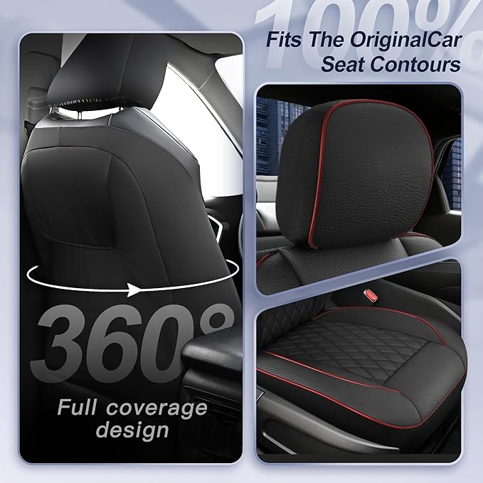 GIANT PANDA Front Car Seat Cover for Toyota, Piping Leather Bucket Seat Covers Custom for Toyota Rav4 Camry Highlander Corolla Prius 2-Pack (Black+Red)