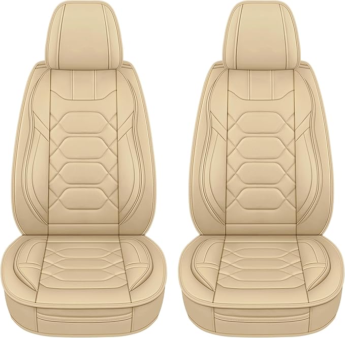 Pariitadin Leather Car Seat Covers Front Pair, Waterproof Breathable Faux Leather Automotive Seat Covers for Cars, Non-Slip Car Interior Covers Universal Fit Most Cars Sedans Trucks SUVs, Beige