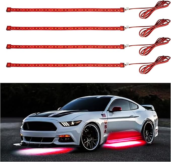 YM E-Bright LED Strip Light 30CM Waterproof for Car Motorcycles Decoration Vehicle Interior Exterior DRL Daytime Running Flexible DC12V,Red(Pack of 4)