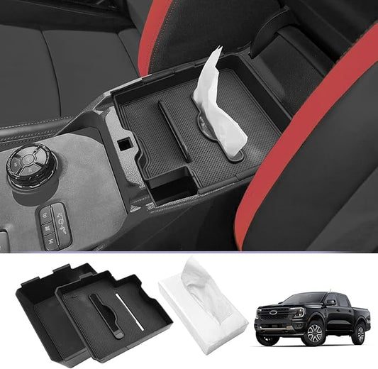 LUWU 2025 Ranger Center Console Organizer Compatible with 2024 2025 Ford Ranger Console Organizer Tray Ranger XL/XLT/Lariat/Raptor Armrest Storage w/Tissue Box 2024 2025 Ford Ranger Accessories 2PCS